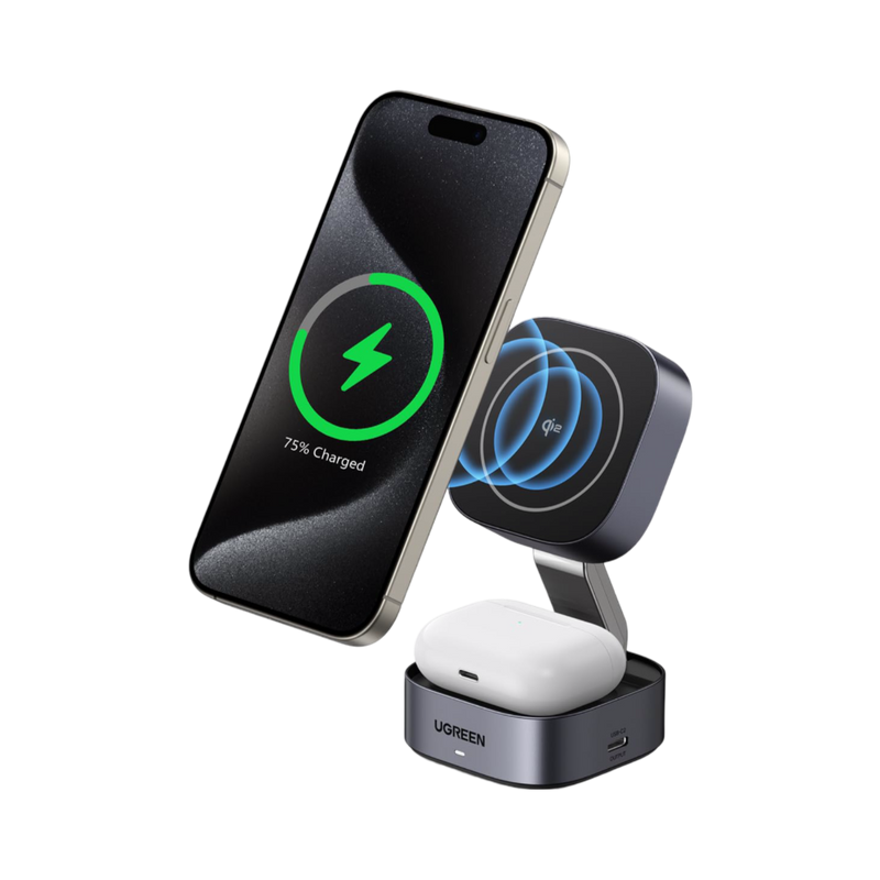 UGREEN MagFlow 2-in-1 Wireless Charger (Qi2 15W, MagSafe Compatible , Foldable)