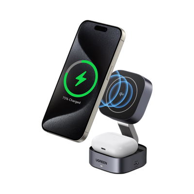 UGREEN MagFlow 2-in-1 Wireless Charger (Qi2 15W, MagSafe Compatible , Foldable)