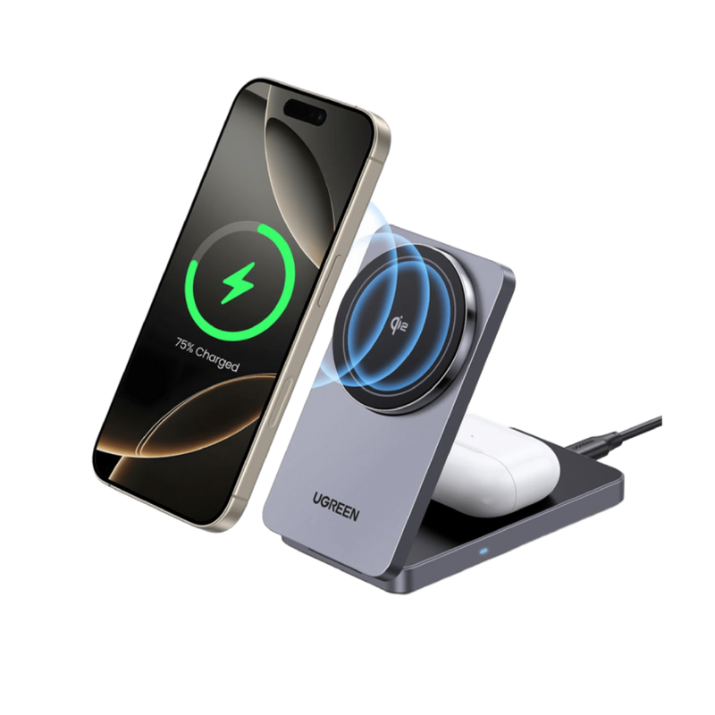 UGREEN MagFlow 2-in-1 Wireless Charger (Qi2 15W, MagSafe Compatible, Foldable)