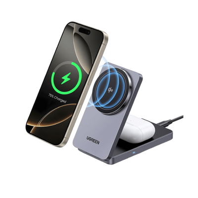 UGREEN MagFlow 2-in-1 Wireless Charger (Qi2 15W, MagSafe Compatible, Foldable)