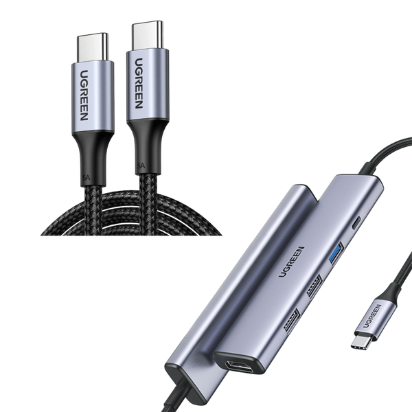 Ugreen Bundle for Business: 100W USB-C to USB-C Charger Cable (1.6ft) + Revodok 105 5-in-1 USB-C Hub