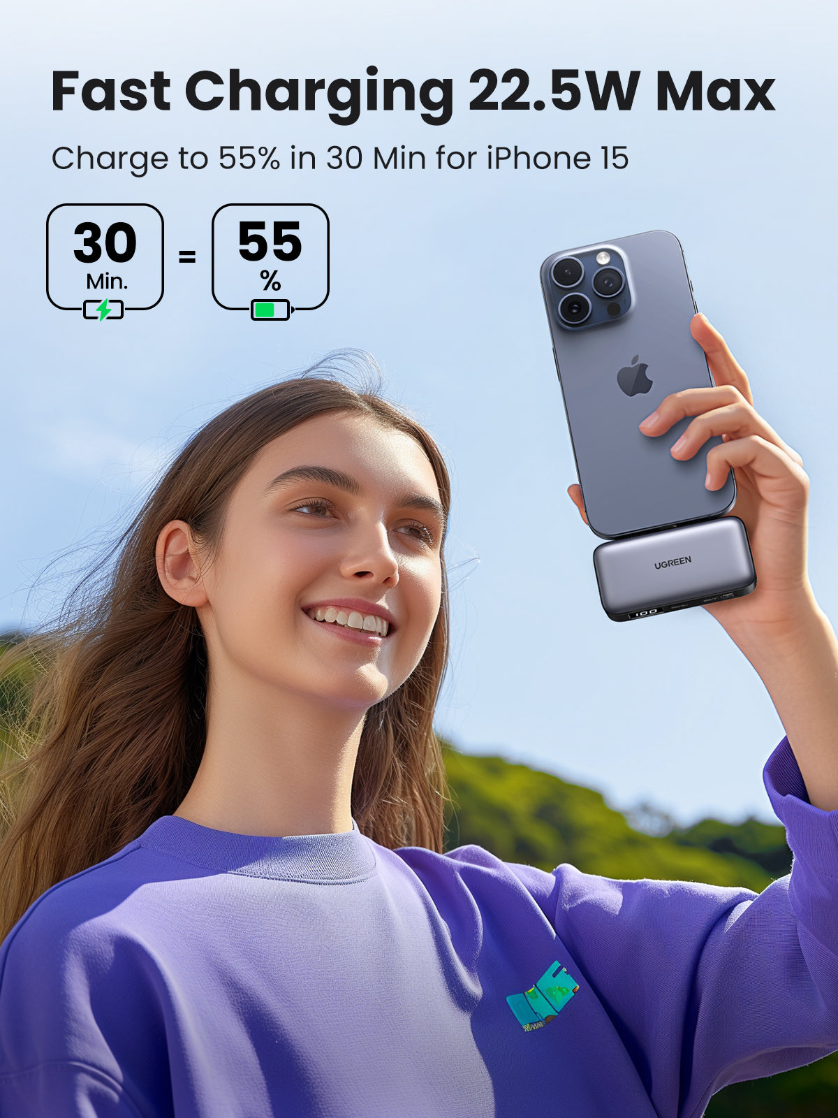 UGREEN Power Bank (5000mAh 22.5W, Mini, Cable Free) is a compact portable charger that delivers up to 22.5W fast charging, powering an iPhone to around 55 percent in just 30 minutes for quick top-ups while on the go.