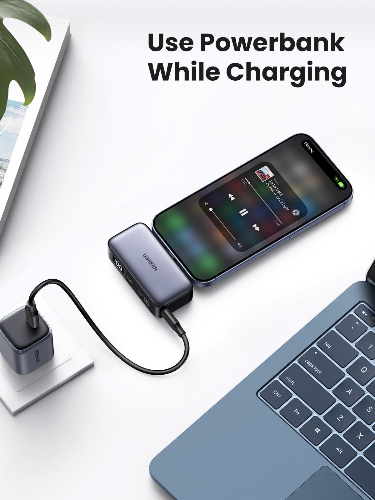UGREEN Power Bank (5000mAh 22.5W, Mini, Cable Free) functions as a portable charger that supports pass-through charging, allowing you to charge your phone while the power bank itself is plugged in at a desk or wall outlet.