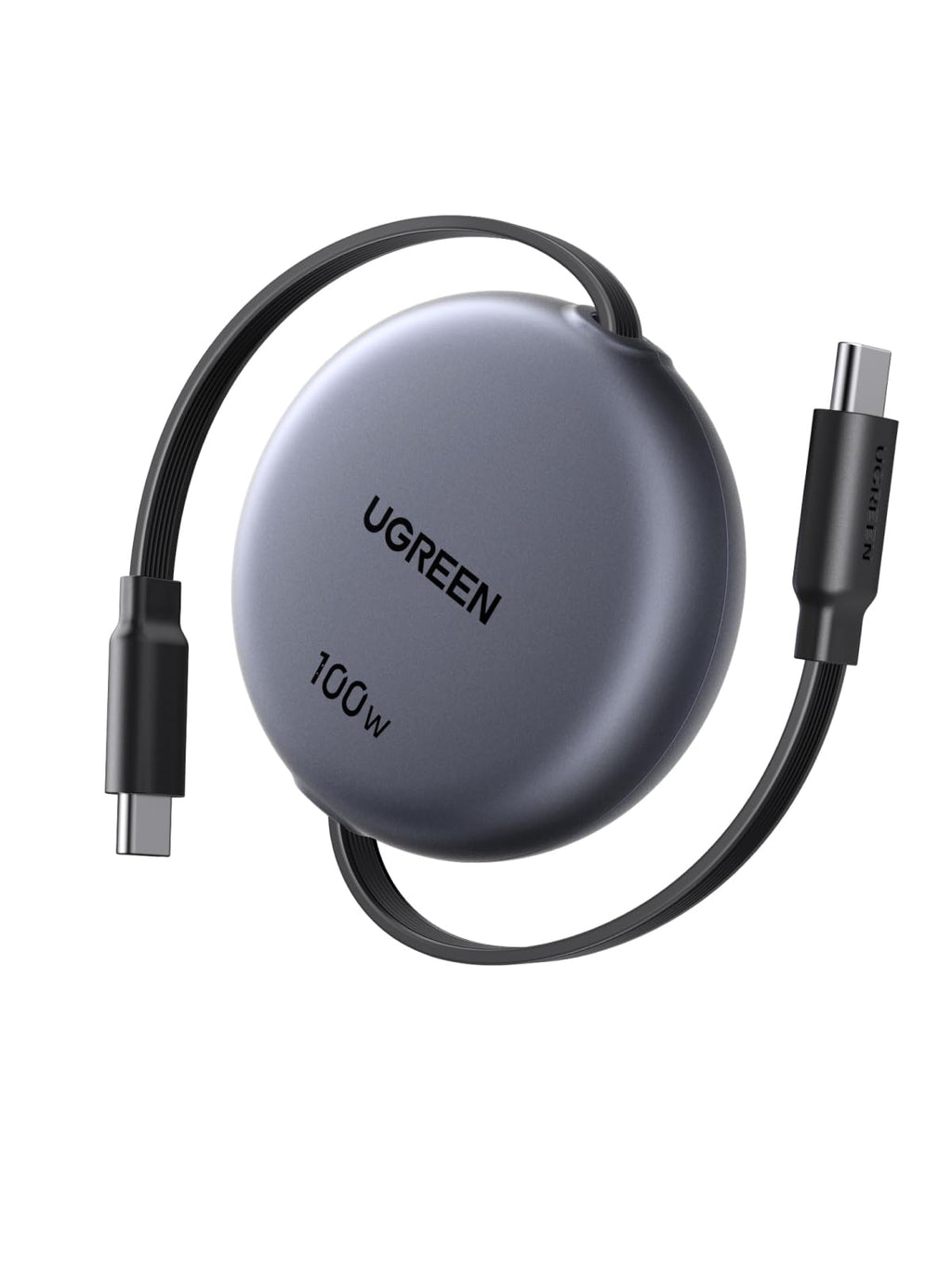 UGREEN Nexode Retractable USB-C Cable 100W with smart E-marker chip, supports super-fast 100W charging, lightweight portable design, durable construction tested for over 25,000 retractions, and easy-to-use 4-level length adjustment for tangle-free convenience.