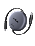 UGREEN Nexode Retractable USB-C Cable 100W with smart E-marker chip, supports super-fast 100W charging, lightweight portable design, durable construction tested for over 25,000 retractions, and easy-to-use 4-level length adjustment for tangle-free convenience.