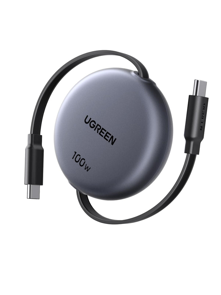 UGREEN Nexode Retractable USB-C Cable 100W with smart E-marker chip, supports super-fast 100W charging, lightweight portable design, durable construction tested for over 25,000 retractions, and easy-to-use 4-level length adjustment for tangle-free convenience.