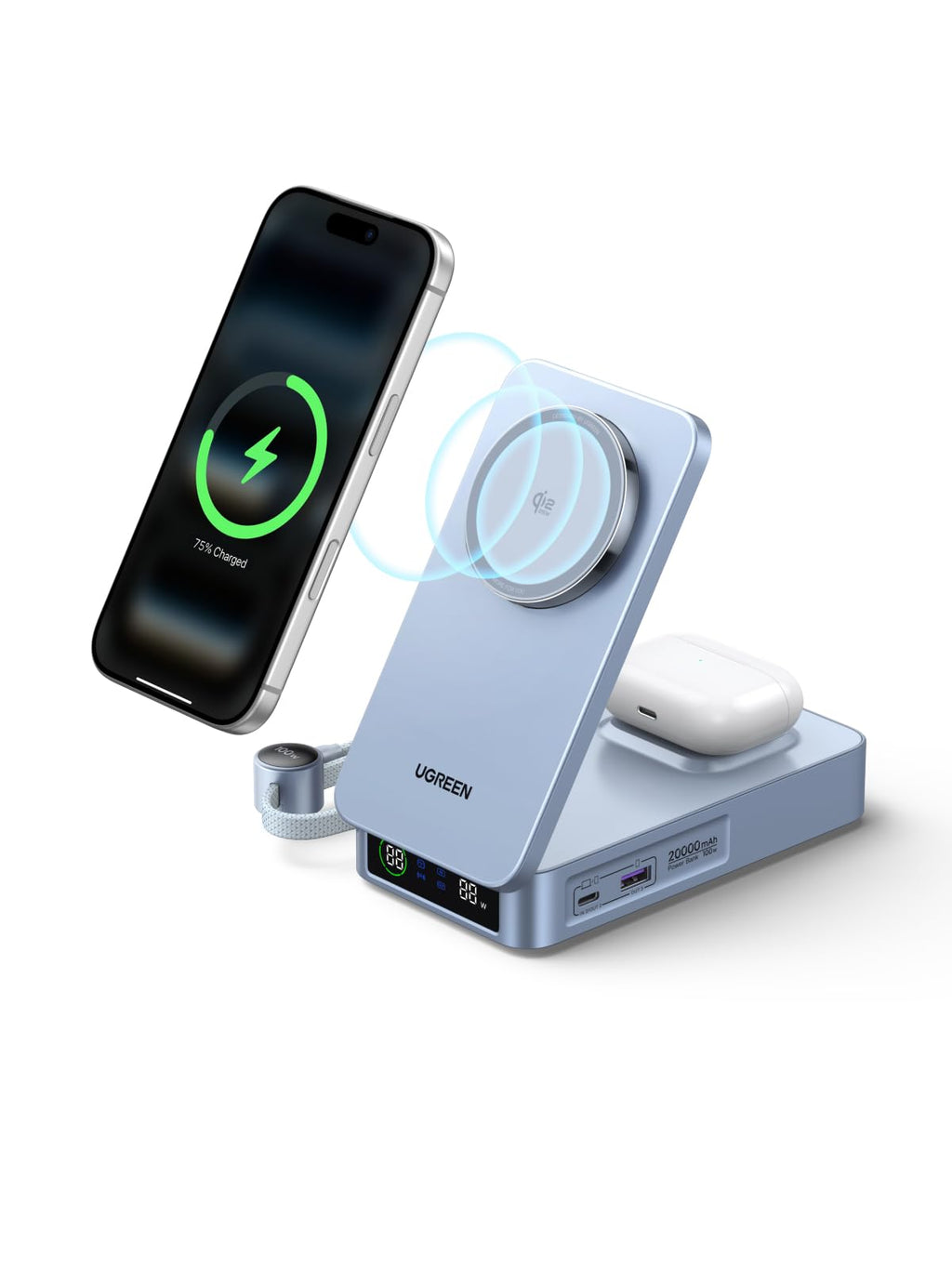 UGREEN MagFlow 20000mAh 100W Qi2 25W Wireless Power Bank Built-in Cable