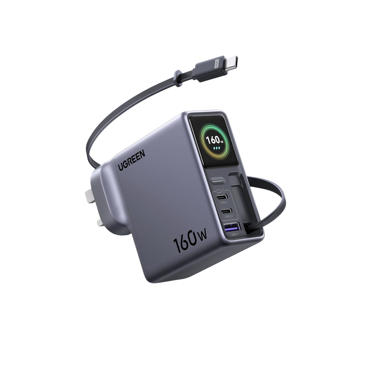 UGREEN Nexode Pro Smart Display Charger (160W, 4-Port, GaN, Retractable Cable, App Control)