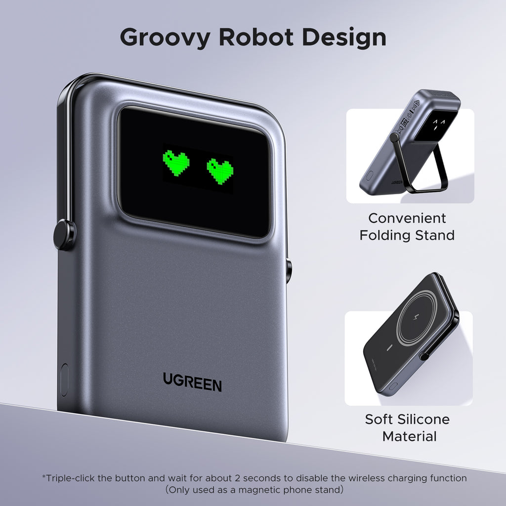 UGREEN Uno Magnetic Wireless Power Bank 10000mAh 7.5W is a portable charger that features a playful robot-inspired design with a convenient folding stand and soft silicone material, combining visual charm with practical hands-free charging.