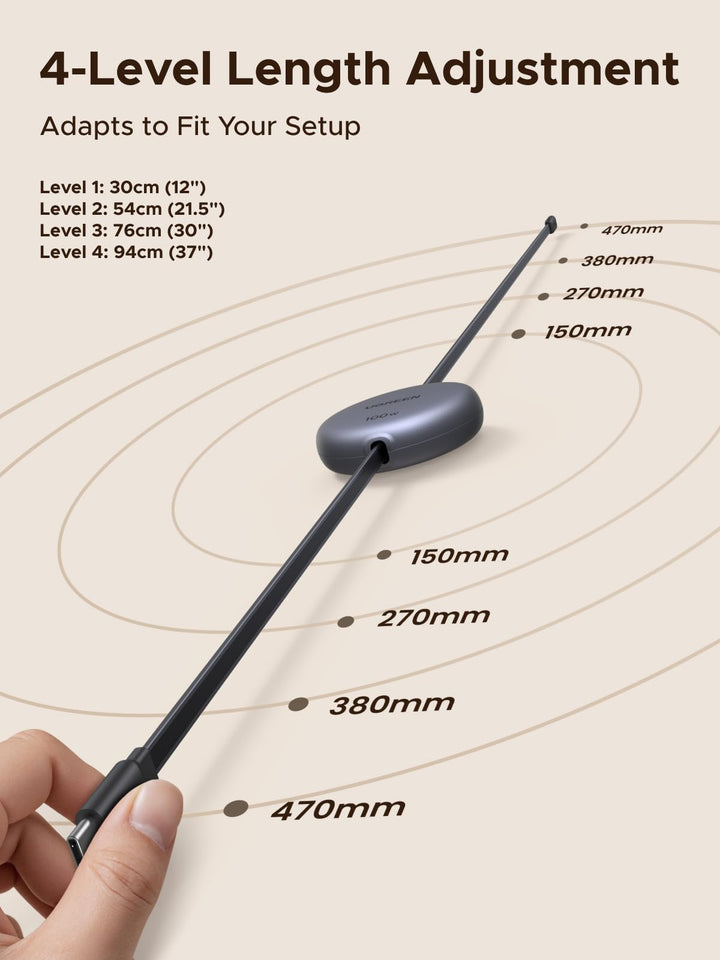 UGREEN Nexode Retractable USB-C Cable 100W with convenient 4-level adjustable lengths (30cm, 54cm, 76cm, 94cm), easily adapting to your setup for organized, clutter-free charging.