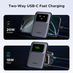 UGREEN Uno Magnetic Wireless Power Bank 5000mAh 7.5W is a compact portable charger that supports two-way USB-C fast charging, delivering up to 20W output to charge smartphones while accepting up to 18W input for quick recharging, with a clear display showing real-time power status during use.