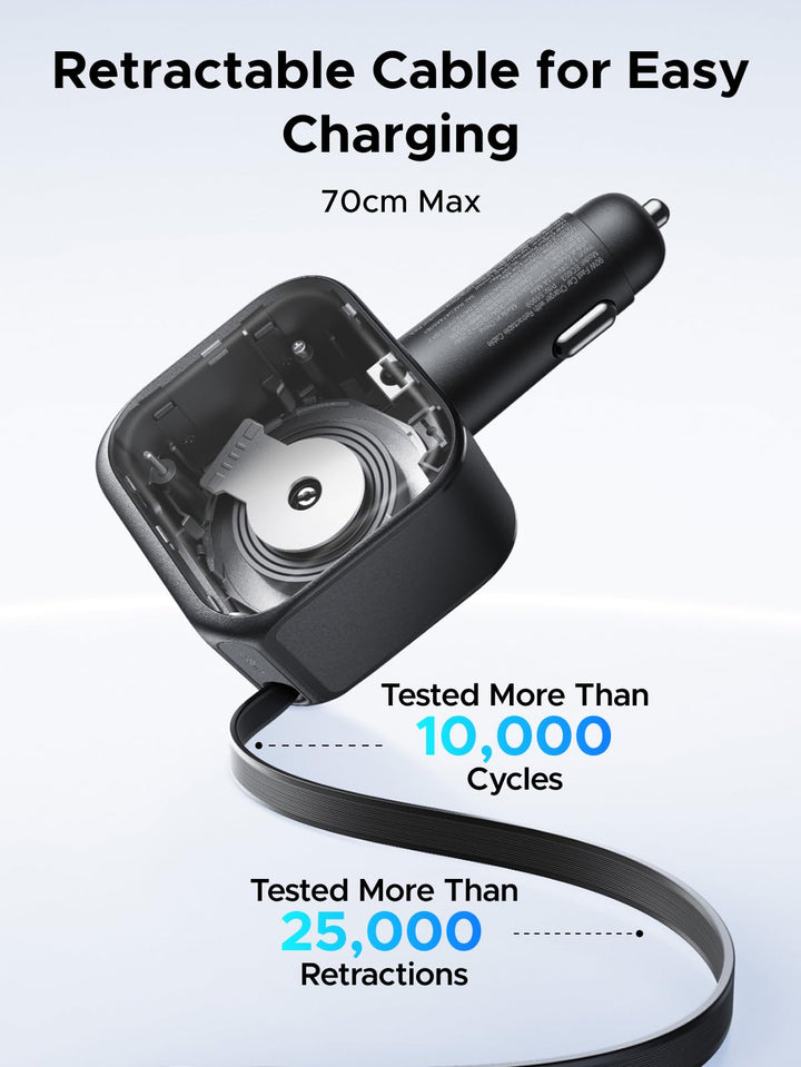 The UGREEN Nexode 90W car charger with retractable USB-C cable features an extendable cable up to 70cm, tested to withstand over 25,000 retractions and 10,000 bending cycles—built for long-lasting and flexible in-car use.