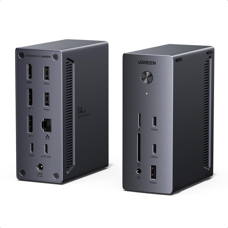 UGREEN Docking Station, Triple 4K Display (2x DP+ HDMI), 14-Port USB-C Dock, 100W Max Charging for Laptop, 27W Max USBC, 10Gbps USB-C/A, 170MB/s SD, Ethernet, Audio, 140W Power Supply for Dell, HP
