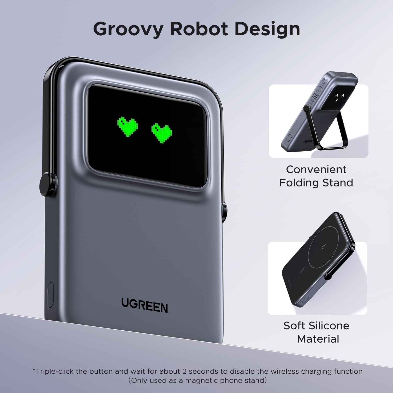 UGREEN Uno Magnetic Wireless Power Bank 5000mAh 7.5W is a portable charger that features a playful robot-inspired design with a convenient folding stand and soft silicone material, combining visual charm with practical hands-free charging.