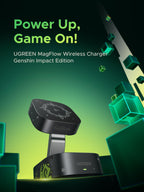 Featuring a MagSafe-compatible design with strong magnetic hold, the UGREEN MagFlow 2-in-1 Wireless Charger Genshin Impact Edition enables Qi2 15W wireless charging to power up your devices efficiently for gaming.
