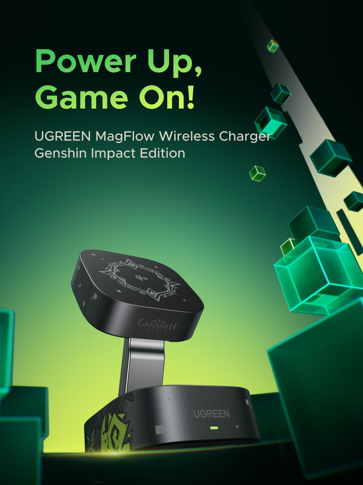 Featuring a MagSafe-compatible design with strong magnetic hold, the UGREEN MagFlow 2-in-1 Wireless Charger Genshin Impact Edition enables Qi2 15W wireless charging to power up your devices efficiently for gaming.