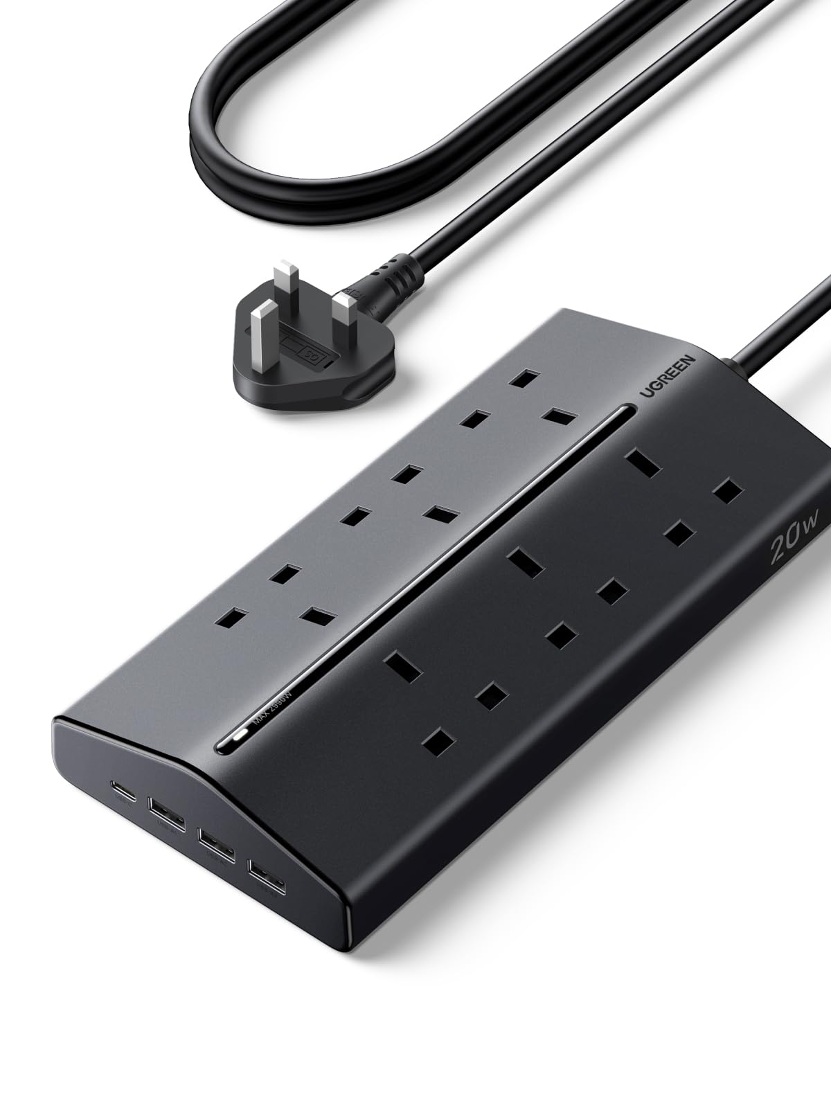 UGREEN Extension Lead 1.5M, 6 Way Power Strip with 3 USB-A & 1 USB-C