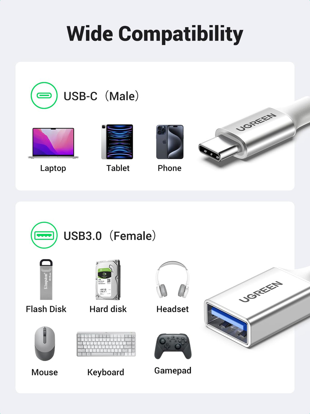 UGREEN 10Gbps USB C to USB Adaptor for iPhone, iPad, MacBook, Galaxy Silver