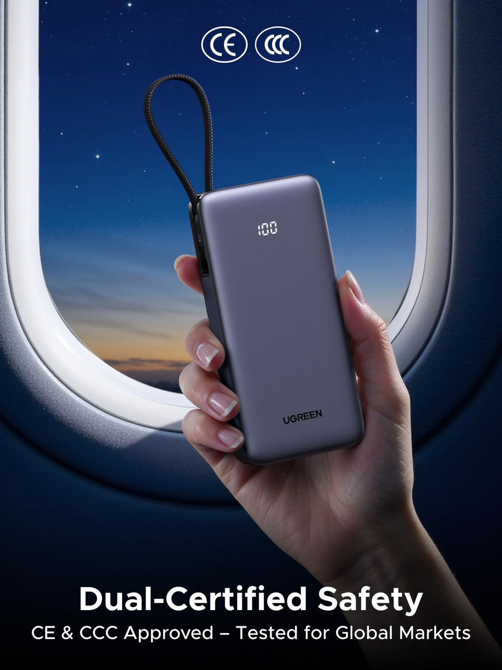 UGREEN Nexode 55W 20000mAh Power Bank 3-Way Output Built-in Cable