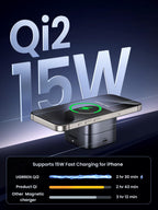 UGREEN MagFlow 2-in-1 Wireless Charger with magsafe compatible design, supporting Qi2 15W wireless charging for iPhone, featuring strong magnetic alignment that secures the device and enables faster charging than standard Qi or other magnetic chargers.