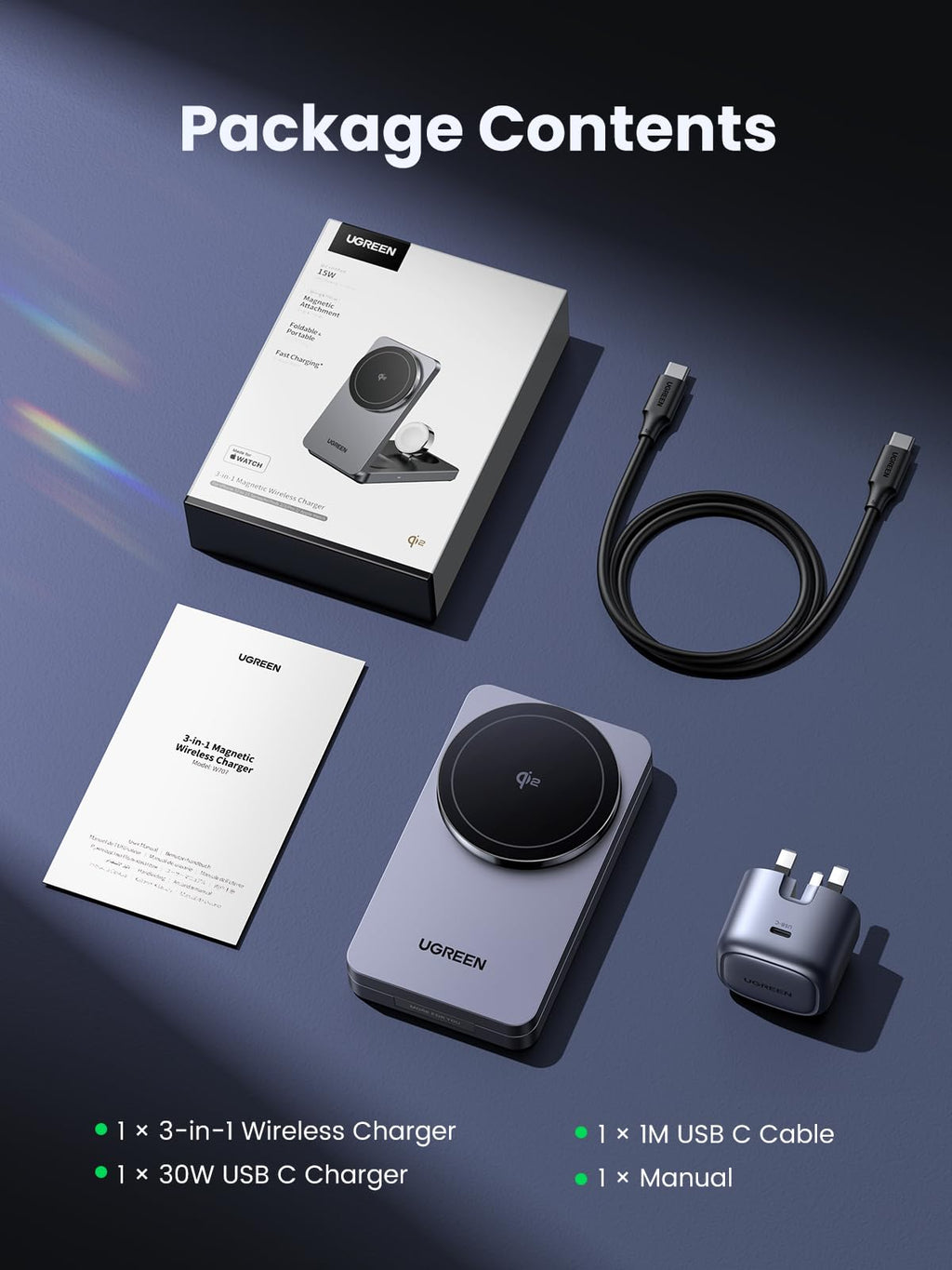 UGREEN MagFlow 3-in-1 Wireless Charger(Qi2 15W, Foldable, MagSafe)