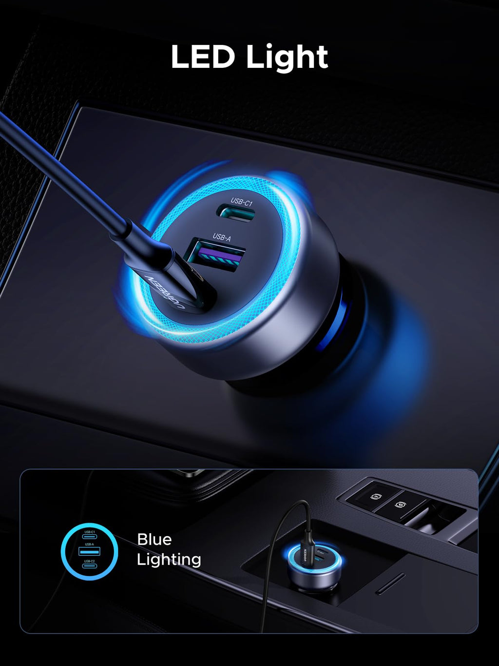 UGREEN 30W USB C Car Charger 3 Port PD Fast Charging Cigarette Lighter