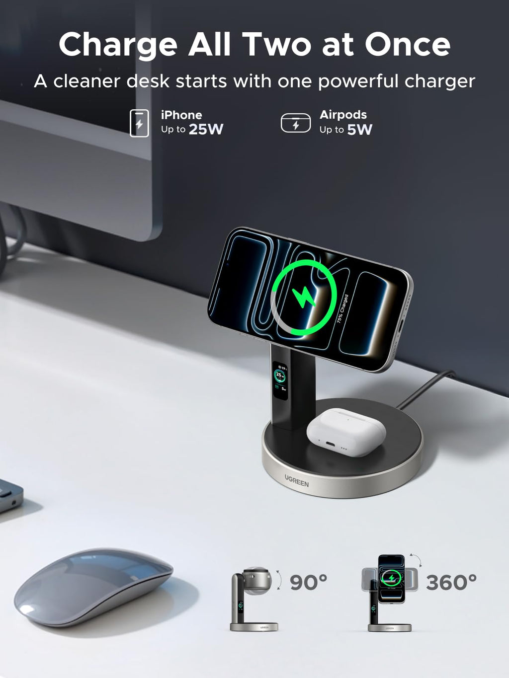 UGREEN Aircool 25W for MagSafe Charger, Qi2 2-IN-1 Wireless Charger Stand
