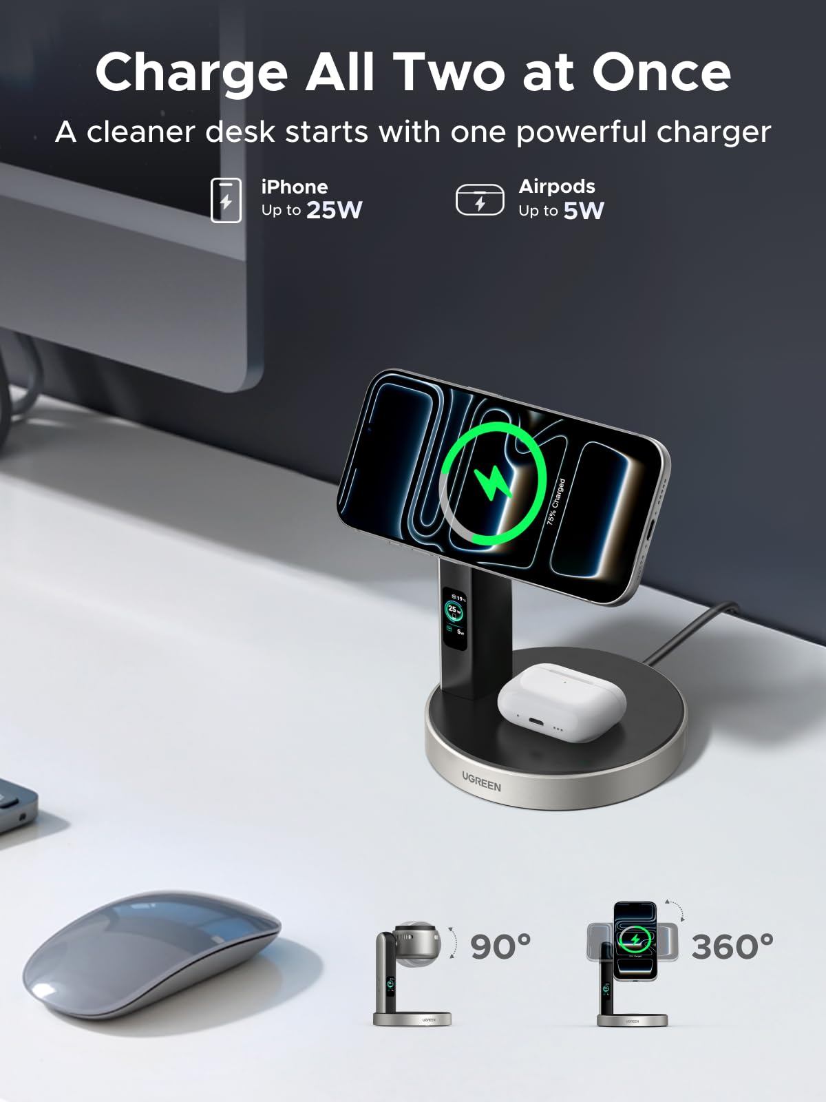 UGREEN Aircool 25W for MagSafe Charger, Qi2 2-IN-1 Wireless Charger Stand