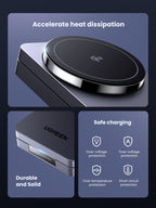 UGREEN MagFlow 2-in-1 Wireless Charger, fully magsafe compatible, featuring strong magnetic alignment, accelerated heat dissipation, and robust construction, supporting safe and reliable Qi2 15W wireless charging with over-voltage, over-temperature, and short-circuit protection for long-lasting performance.