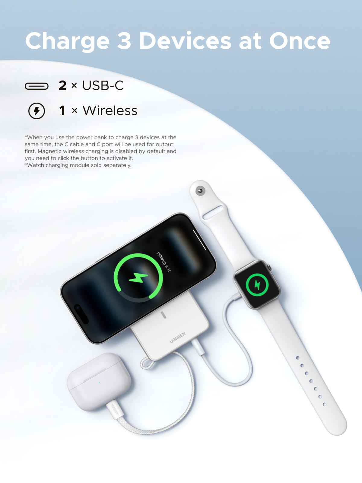 UGREEN MagFlow 10000mAh Qi2 25W MagSafe Power Bank Built-in Cable (White)