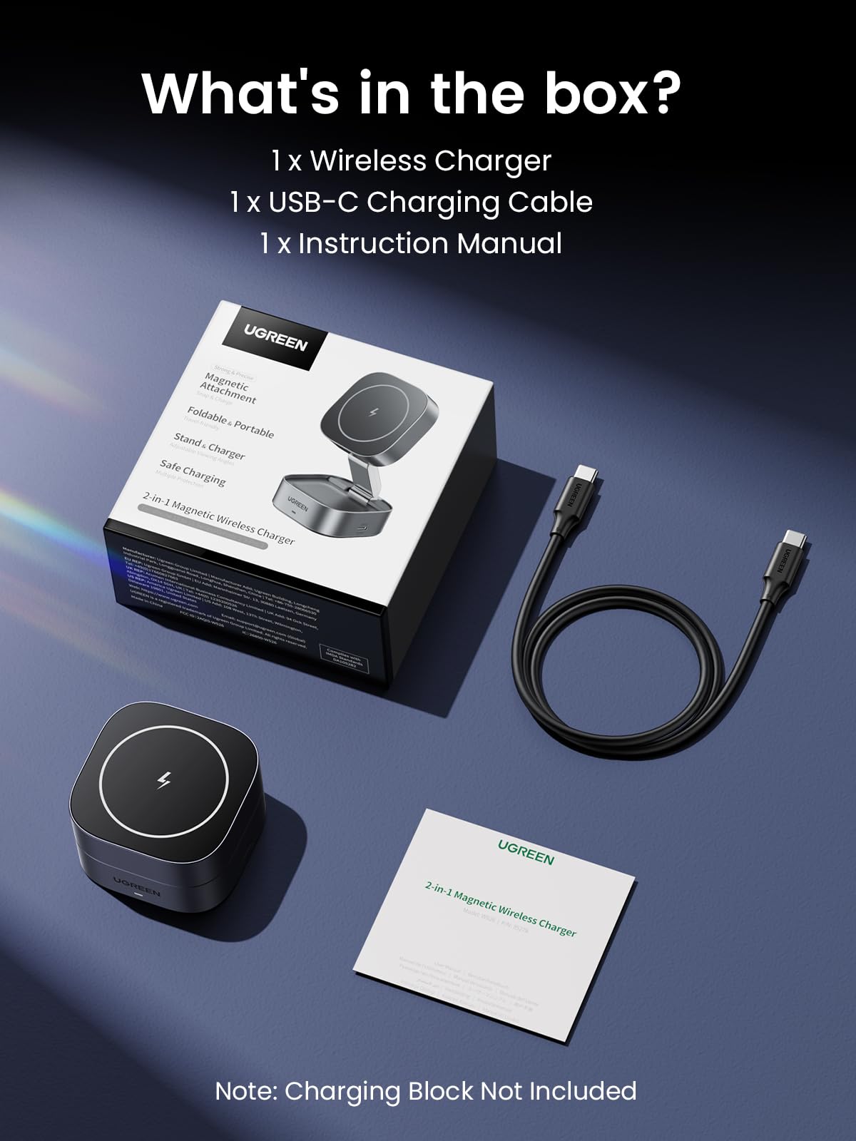 Contents of UGREEN MagFlow 2-in-1 Wireless Charger box including magnetic, magsafe compatible charger, a USB-C charging cable, and instruction manual, supporting Qi2 15W wireless charging for convenient and fast charging.