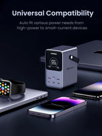 UGREEN Portable Power Bank 48000mAh 300W portable charger offers universal compatibility by intelligently adapting to various power demands, from high-power laptops to low-current devices such as smartphones, earbuds, and accessories, ensuring safe and efficient charging for all.