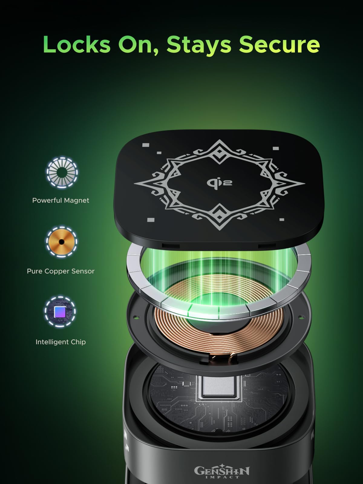The UGREEN MagFlow 2-in-1 Wireless Charger Genshin Impact Edition delivers Qi2 15W wireless charging, is MagSafe compatible, and features a strong magnetic hold with a powerful magnet, pure copper sensor, and intelligent chip for secure charging.
