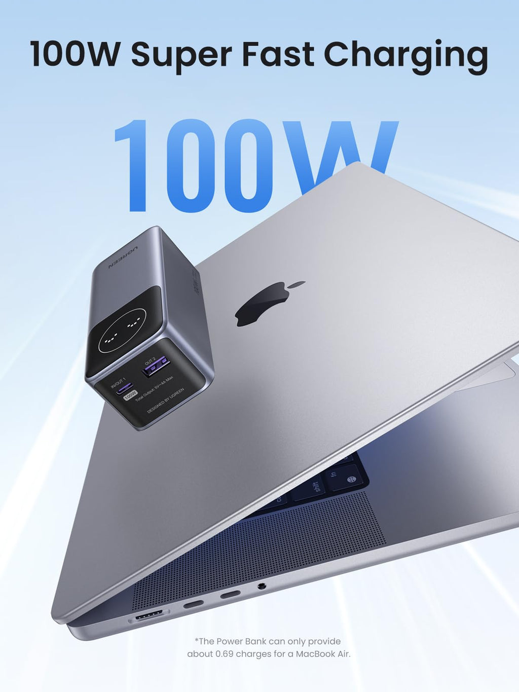 UGREEN Nexode Power Bank 12000mAh 100W is a portable charger that supports fast charging with up to 100W output, charging a MacBook Pro to 56 percent in about 30 minutes for high-performance mobile productivity.