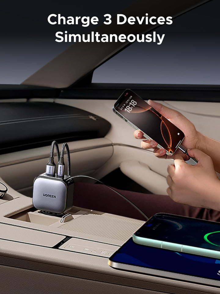 The UGREEN Nexode 90W car charger with retractable USB-C cable supports charging of up to 3 devices at once, intelligently distributing power through the 60W built-in USB-C cable, 7.5W USB-C, and 7.5W USB-A for efficient charging in the car.