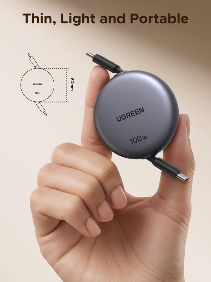 UGREEN Nexode Retractable USB-C Cable 100W features a thin, lightweight, and portable design, perfect for convenient charging and data transfer during travel and everyday use.