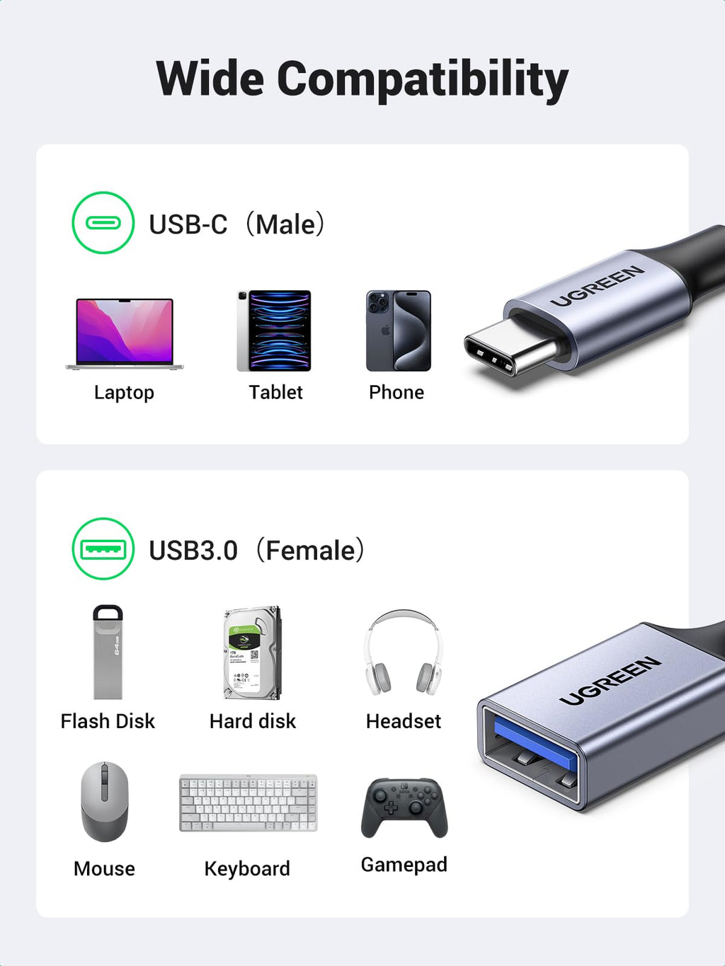UGREEN 10Gbps USB C to USB Adaptor for iPhone, iPad, MacBook, Galaxy Grey