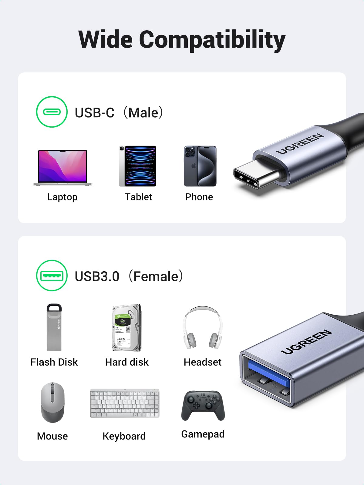 UGREEN 10Gbps USB C to USB Adaptor for iPhone, iPad, MacBook, Galaxy Grey