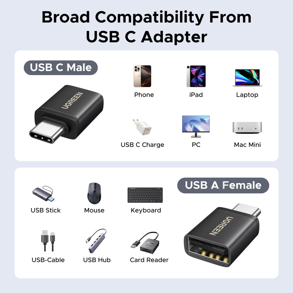 UGREEN USB to USB C Adapter & USB C to USB Adaptor 10Gbps for iPhone, iPad USB 3.2 OTG Aluminum Adapter, Thunderbolt 5/4 Converter Compatible with iPhone17 Pro Max, MacBook Pro/Air, iPad Pro, Black