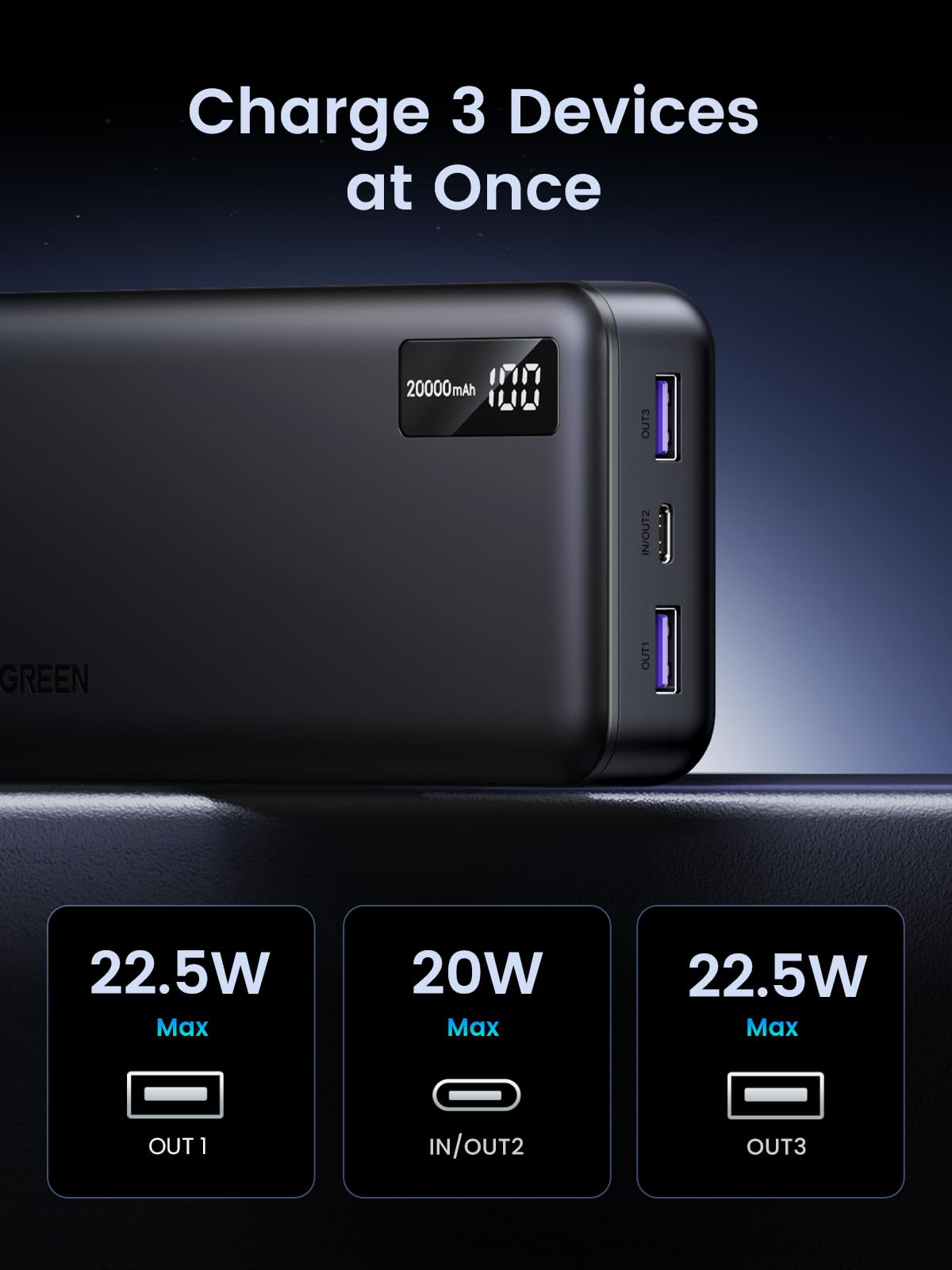 UGREEN Nexode 20000mAh PD 20W QC Power Bank Built-in Cable