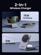 UGREEN MagFlow 2-in-1 Wireless Charger for Apple devices, fully magsafe compatible, delivering Qi2 15W wireless charging for iPhone and 5W charging for AirPods with a strong magnetic alignment for secure and efficient dual-device charging.