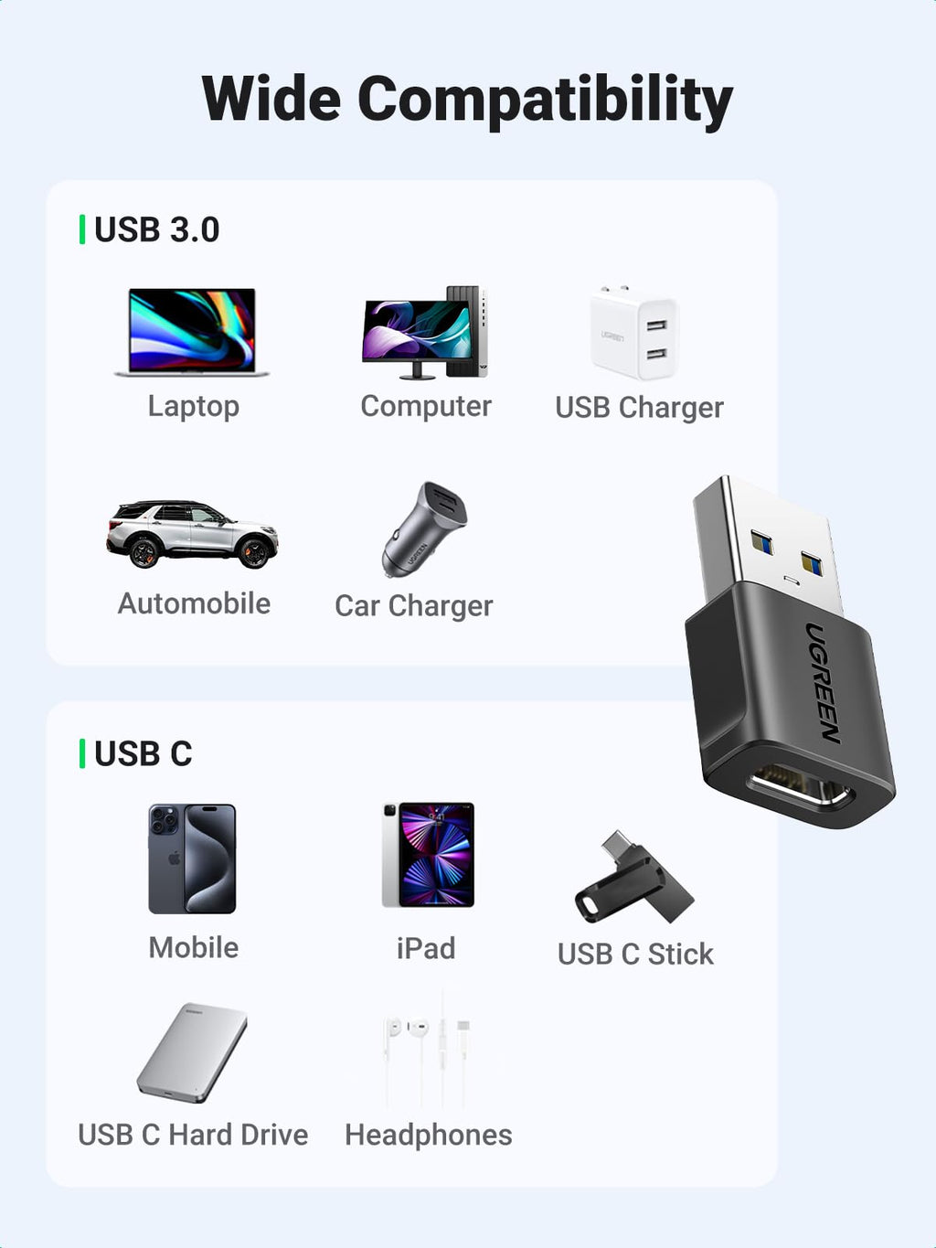 UGREEN USB to USB C Adapter 10Gbps 3 Pack for iPhone, iPad, MacBook, Galaxy