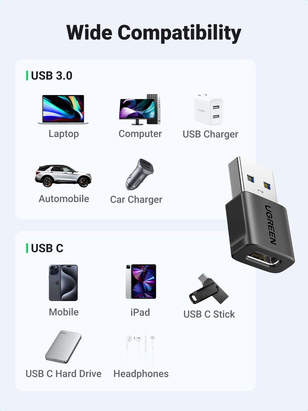 UGREEN USB to USB C Adapter 10Gbps 3 Pack for iPhone, iPad, MacBook, Galaxy