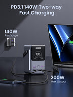 UGREEN Portable Power Bank 48000mAh 300W portable charger supports PD 3.1 two-way fast charging, allowing up to 140W high-speed recharging and up to 200W maximum output, efficiently powering high-performance laptops and multiple devices at the same time.