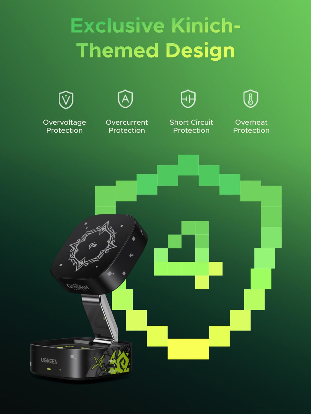 UGREEN MagFlow 2-in-1 Wireless Charger Genshin Impact Edition with an exclusive Kinich-themed design, strong magnetic hold, Qi2 15W wireless charging, MagSafe-compatible support, and integrated protection against overvoltage, overcurrent, short circuit, and overheating.