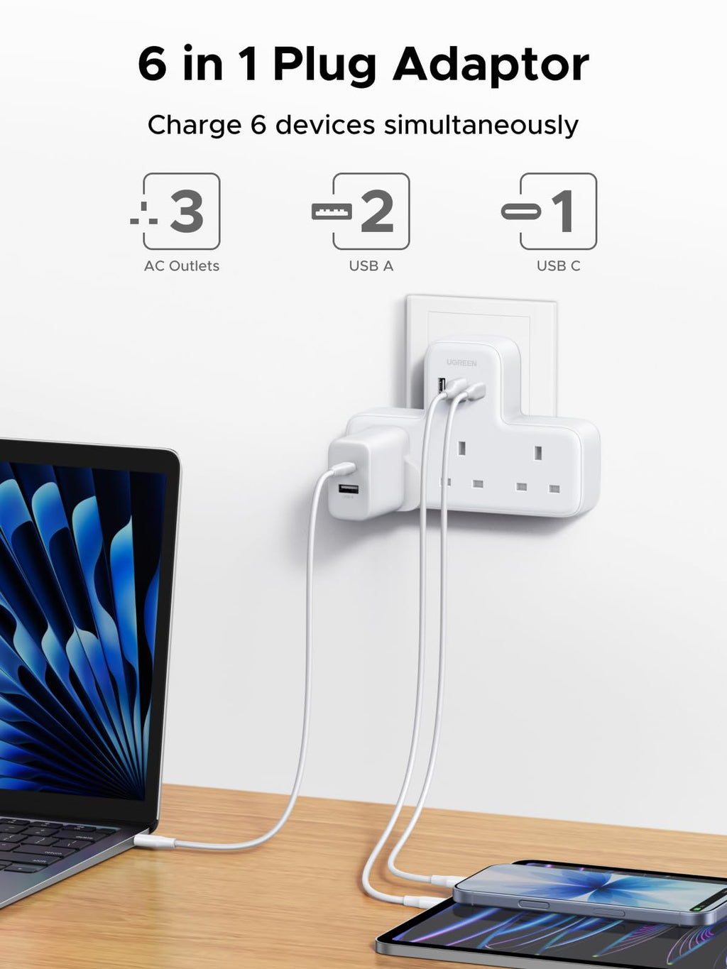 UGREEN Plug Extension Socket, 3 Way Wall Plug Extender with USB Ports(2A1C)