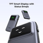 UGREEN Uno Power Bank 10000mAh 30W is a portable charger equipped with a TFT smart display featuring status emojis, clearly showing remaining battery percentage and charging status for intuitive and easy power monitoring.