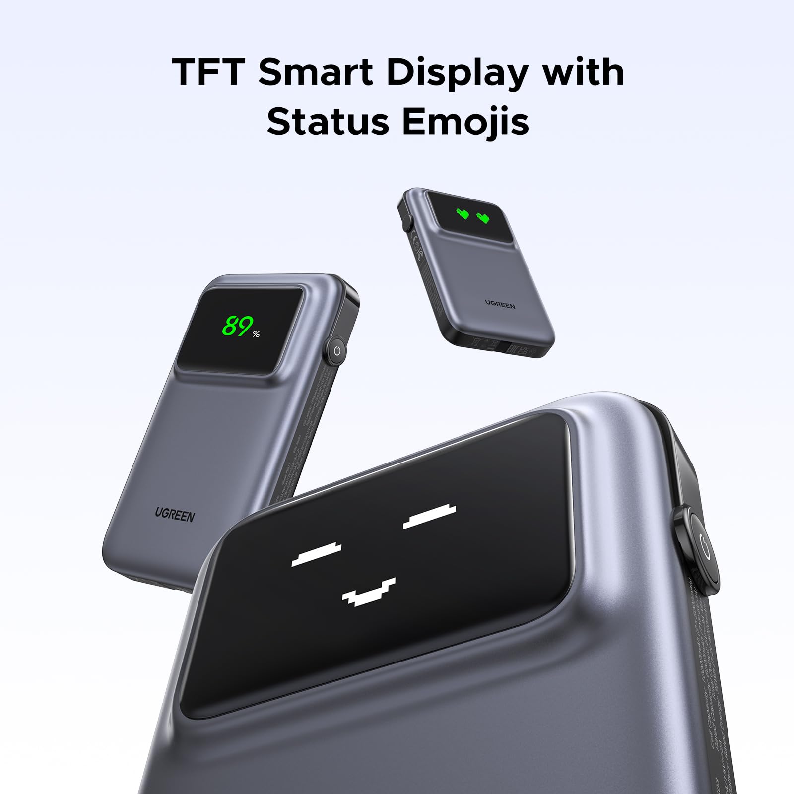 UGREEN Uno Power Bank 10000mAh 30W is a portable charger equipped with a TFT smart display featuring status emojis, clearly showing remaining battery percentage and charging status for intuitive and easy power monitoring.