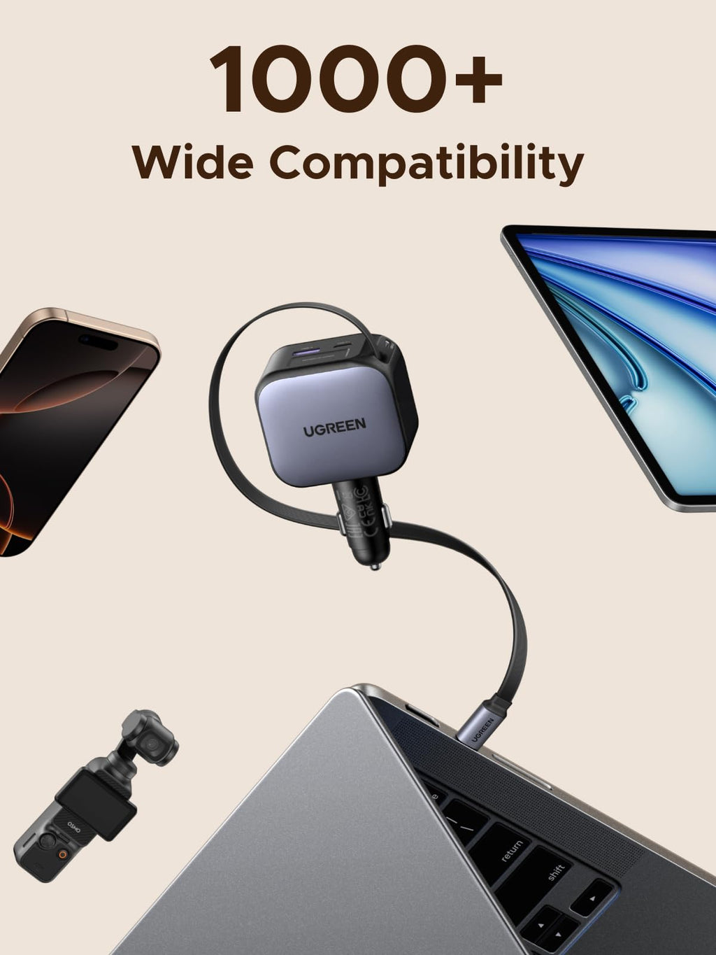 UGREEN Nexode Car Charger 145W with Retractable USB-C Cable is a highly compatible travel charger that supports over 1000 devices, making it the perfect companion for power on the go.