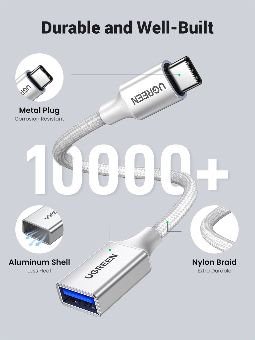 UGREEN 10Gbps USB C to USB Adaptor for iPhone, iPad, MacBook, Galaxy Silver